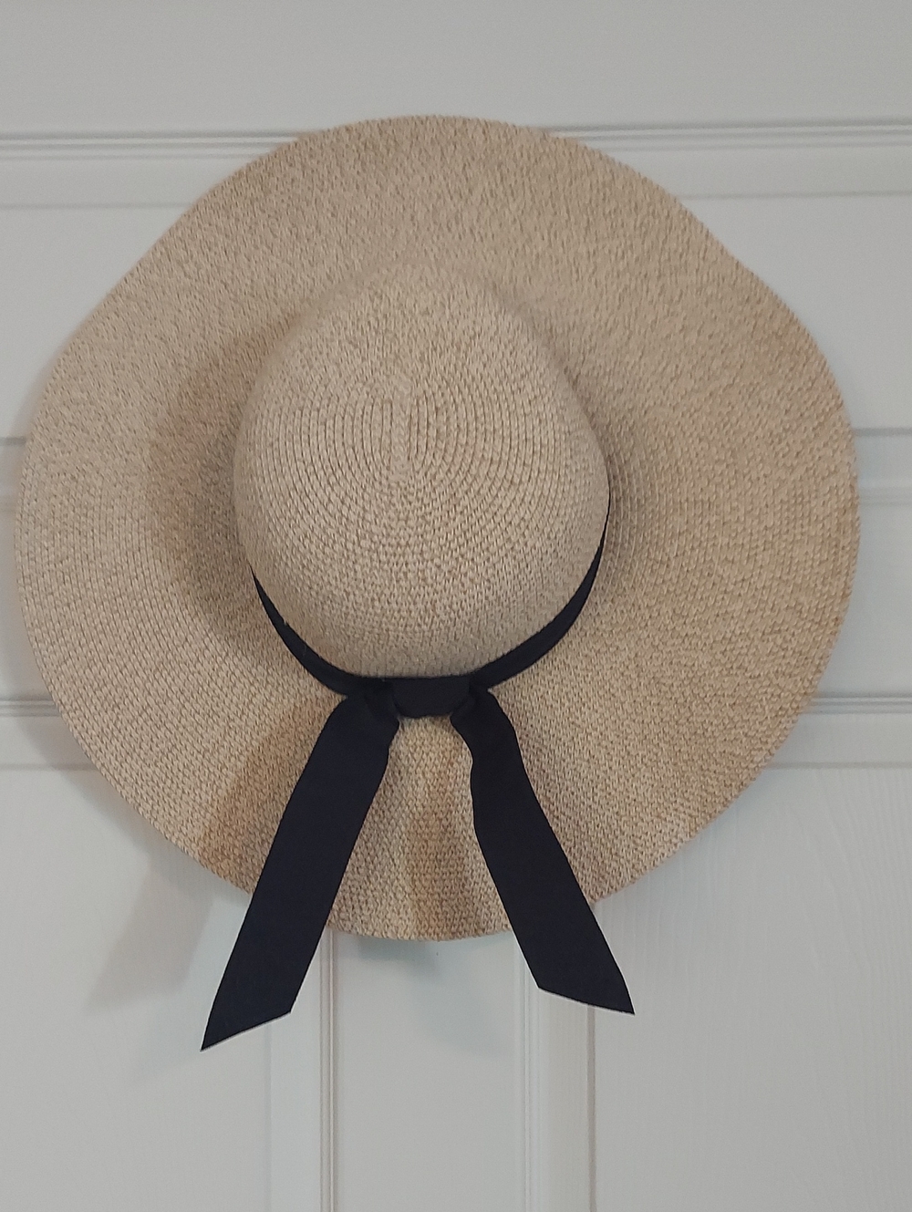 FURTALK Wide Brim Floppy Sun Hat Size L Beige Black Ribbon Bow